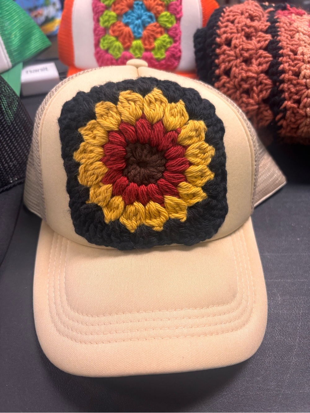 Beige Trucker Hat with Crocheted Sunflower Patch